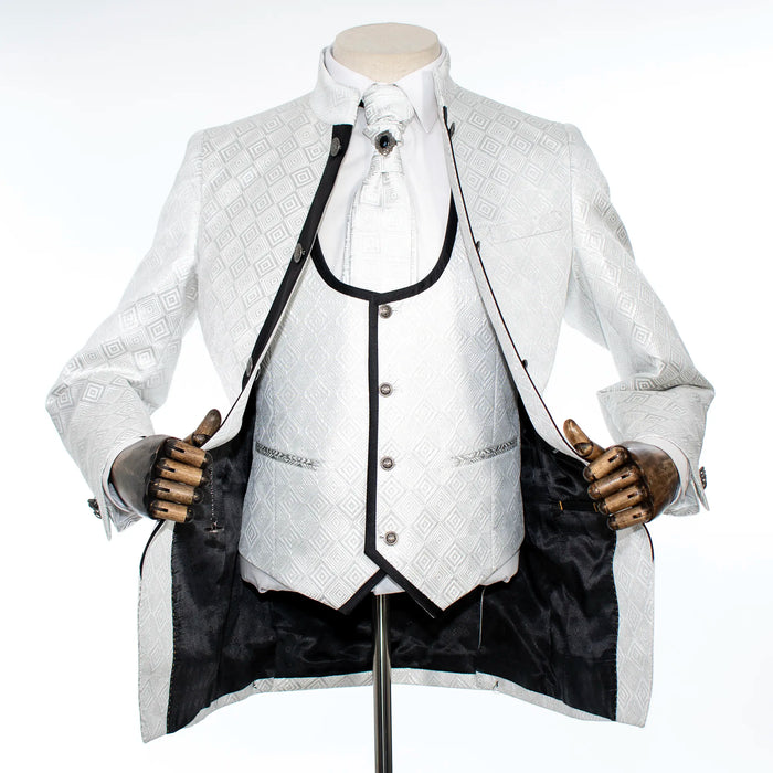 White Metallic 3-Piece Slim-Fit Tuxedo with Mandarin Collar