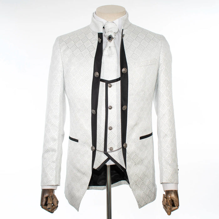 White Metallic 3-Piece Slim-Fit Tuxedo with Mandarin Collar