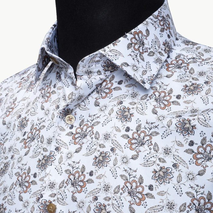 White Wildflower Satin Slim-Fit Fashion Shirt