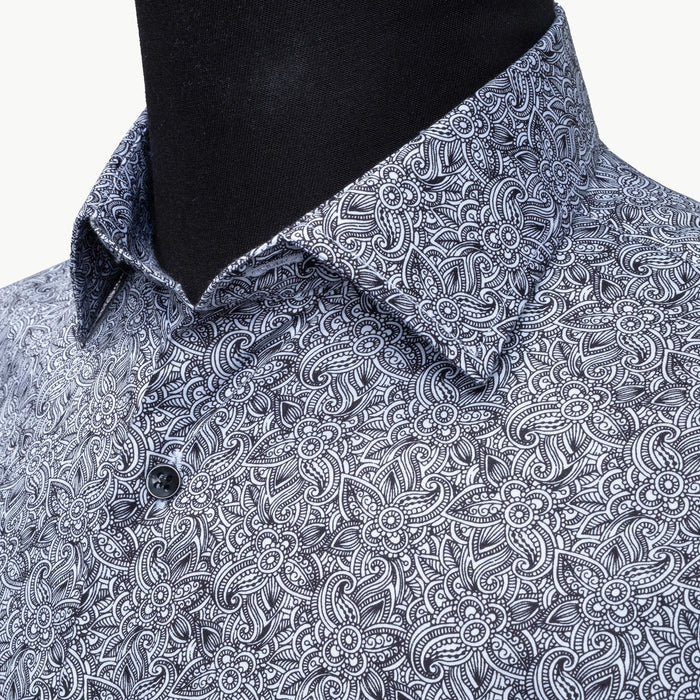 Black and White Paisley Satin Slim-Fit Fashion Shirt