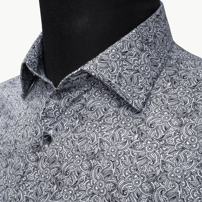 White and Black Inked Paisley Satin Slim-Fit Fashion Shirt