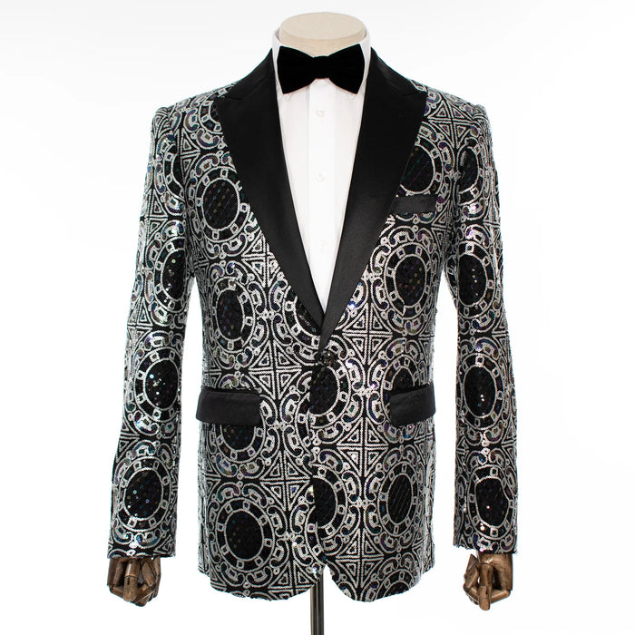 Black with Silver Sequined Modern-Fit Tuxedo Jacket
