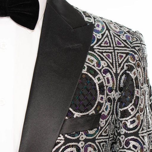 Black with Silver Sequined Modern-Fit Tuxedo Jacket