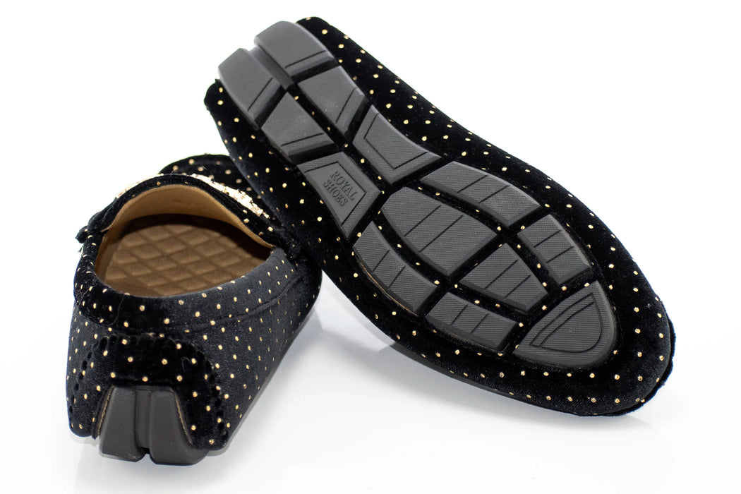 Black Gold Beaded Velvet Driver Loafer