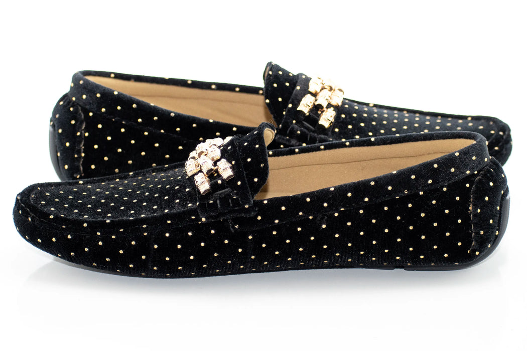 Black Gold Beaded Velvet Driver Loafer