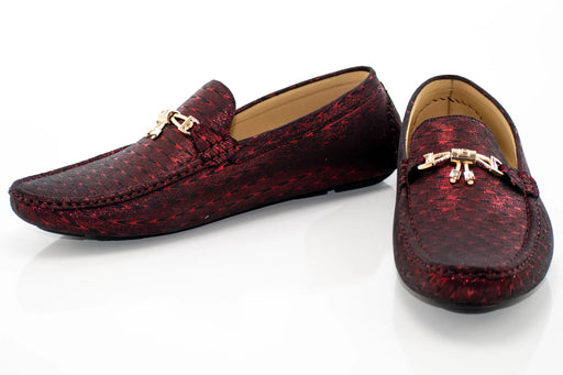 Burgundy Woven Metallic Driver Loafer with Gold Bow Snaffle