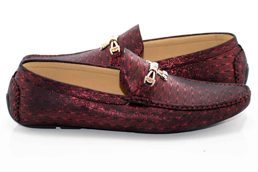 Burgundy Woven Metallic Driver Loafer with Gold Bow Snaffle