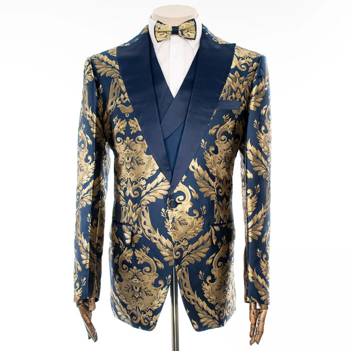 Navy with Woven Gold Filigree 3-Piece Slim-Fit Tuxedo
