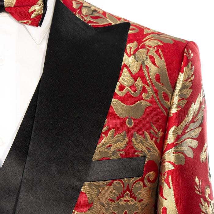 Red with Woven Gold Filigree 3-Piece Slim-Fit Tuxedo