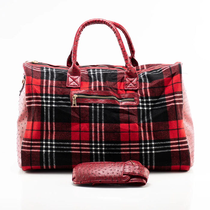 Red Plaid Textured Leather Travel Bag