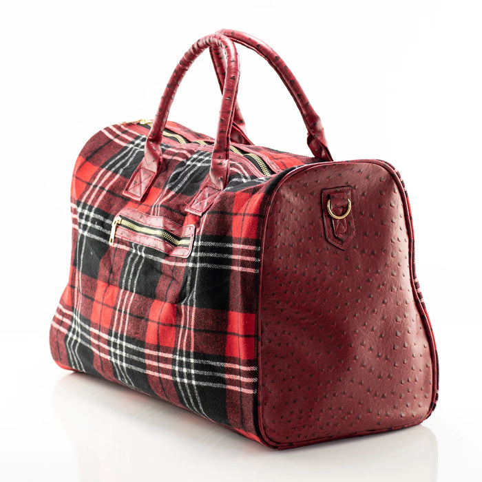 Red Plaid Textured Leather Travel Bag