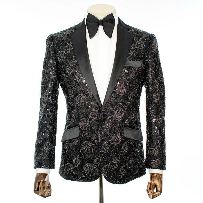 Black Floral Sequin Modern-Fit Tuxedo Jacket