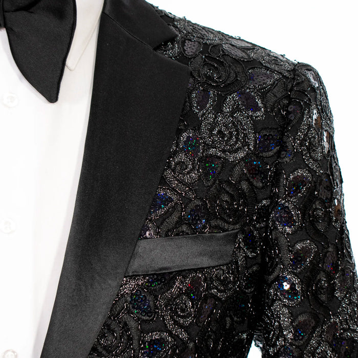 Black Floral Sequin Modern-Fit Tuxedo Jacket