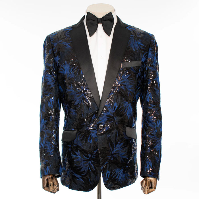 Royal Blue Sequin Floral Modern-Fit Tuxedo Jacket