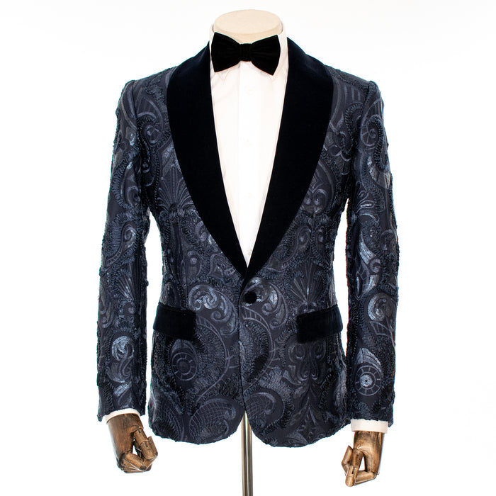 Navy Blue Sequined Paisley Slim-Fit Jacket