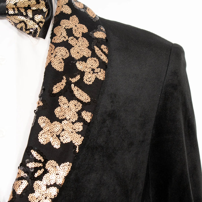 Black and Gold Velvet Modern-Fit Jacket with Sequined Shawl Lapels