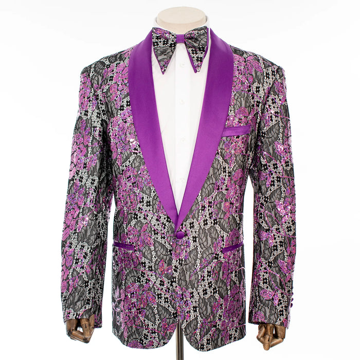 Purple Sequined Lace Modern-Fit Tuxedo Jacket