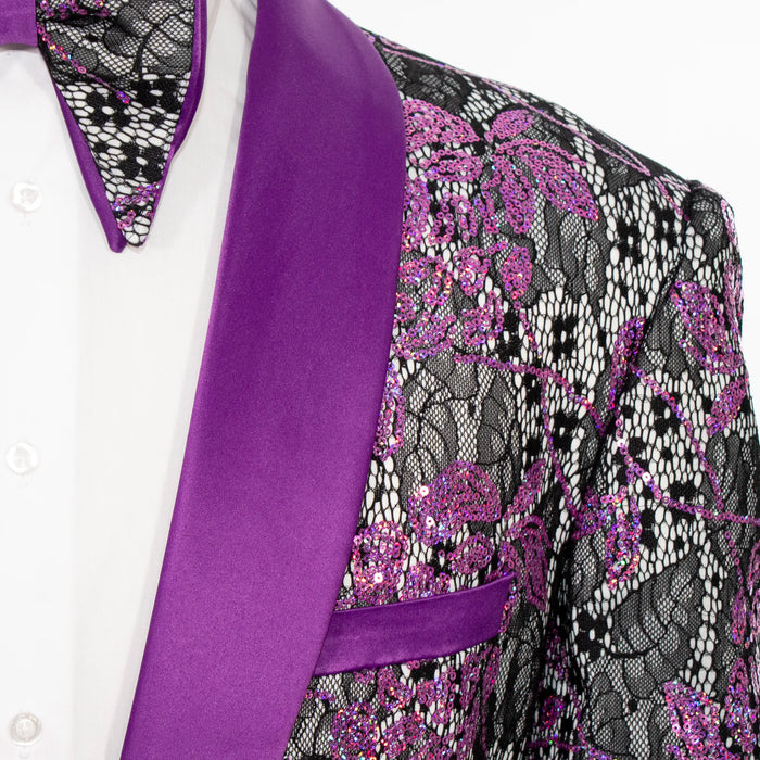 Purple Sequined Lace Modern-Fit Tuxedo Jacket
