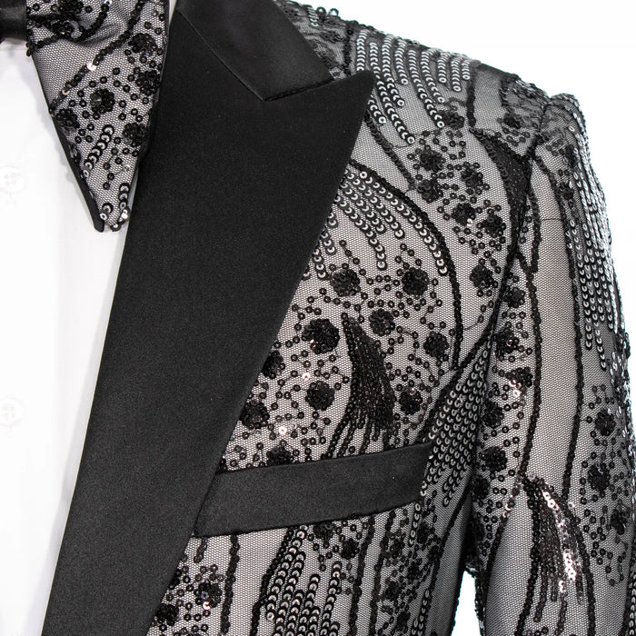 Black Sequined Leaves Modern-Fit Tuxedo Jacket