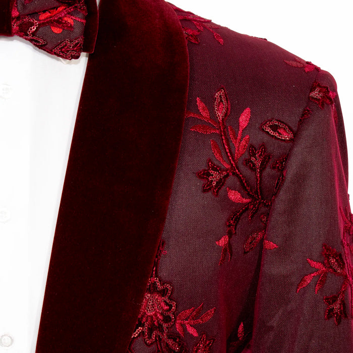 Burgundy Woven Floral Modern-Fit Tuxedo Jacket