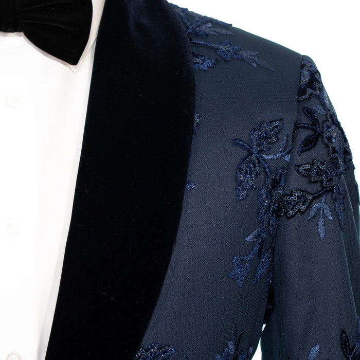Navy Woven Floral Modern-Fit Tuxedo Jacket