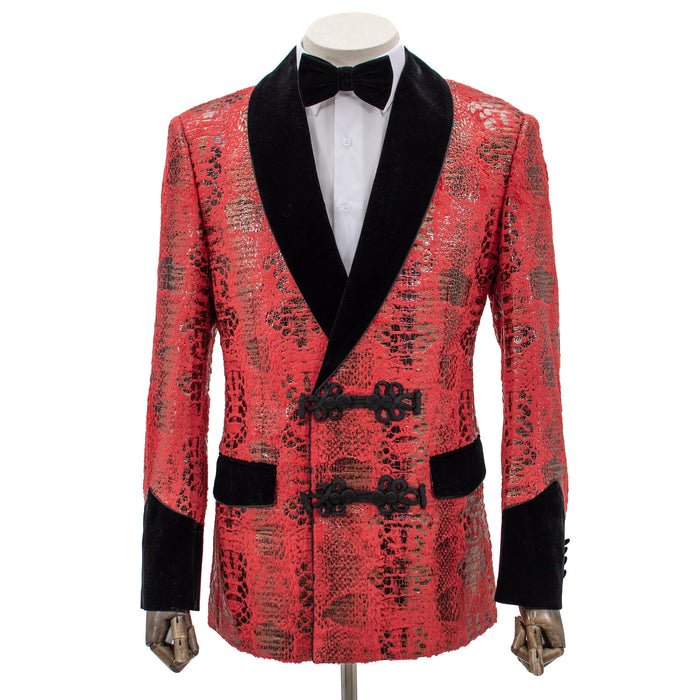 Red Distressed Metallic Modern-Fit Tuxedo Jacket with Velvet Trim