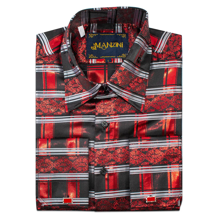 Red Metallic Plaid Designer Regular-Fit Shirt with Cufflinks