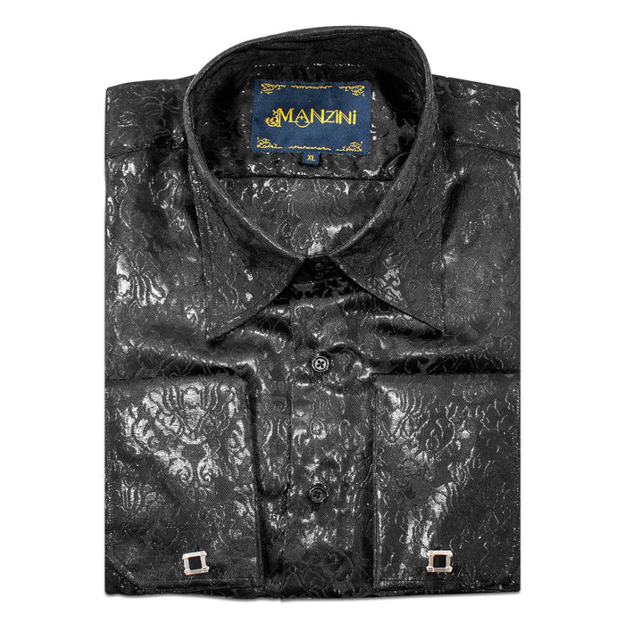 Black Metallic Baroque Designer Regular-Fit Shirt with Cufflinks