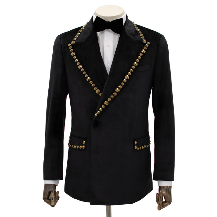 Black Velvet Modern-Fit Tuxedo Jacket with Large Gold Rhinestones