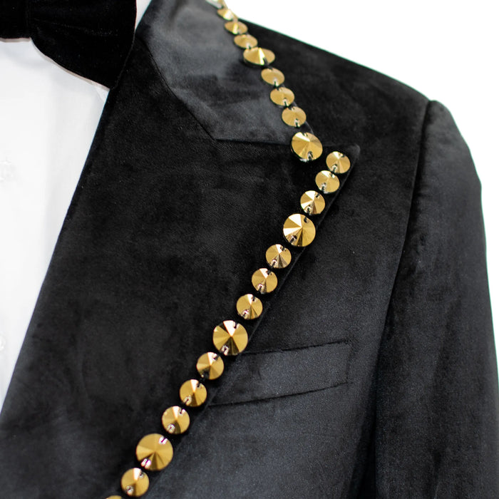 Black Velvet Modern-Fit Tuxedo Jacket with Large Gold Rhinestones