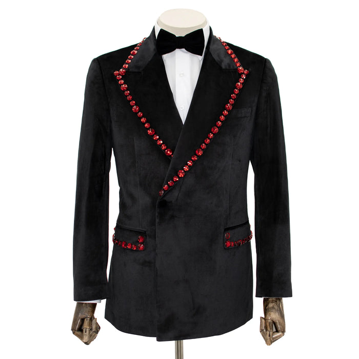 Black Velvet Modern-Fit Tuxedo Jacket with Large Red Rhinestones