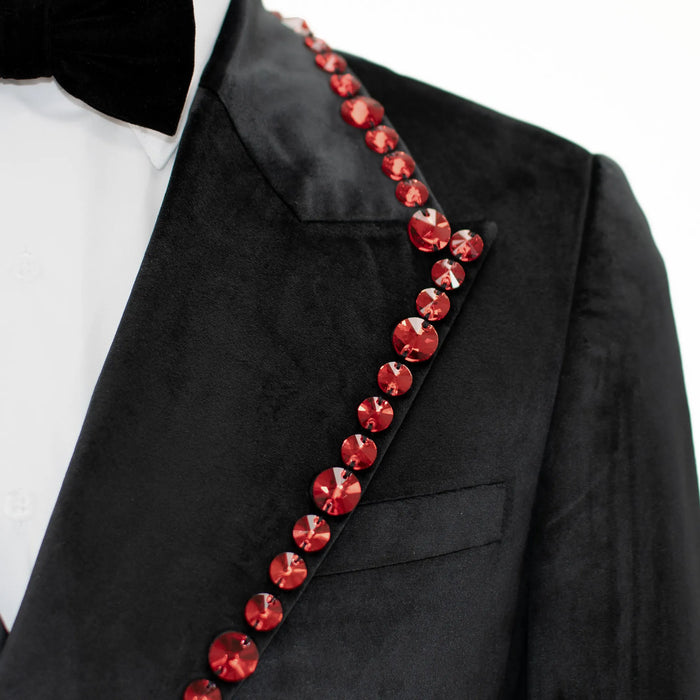 Black Velvet Modern-Fit Tuxedo Jacket with Large Red Rhinestones