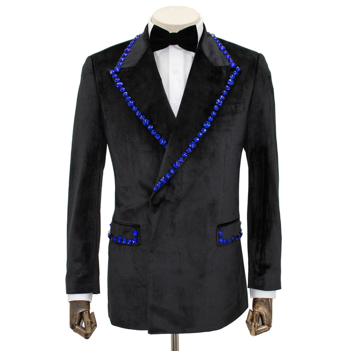 Black Velvet Modern-Fit Tuxedo Jacket with Large Blue Rhinestones