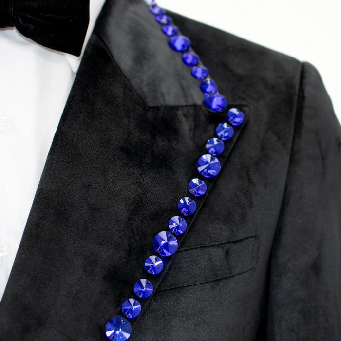 Black Velvet Modern-Fit Tuxedo Jacket with Large Blue Rhinestones