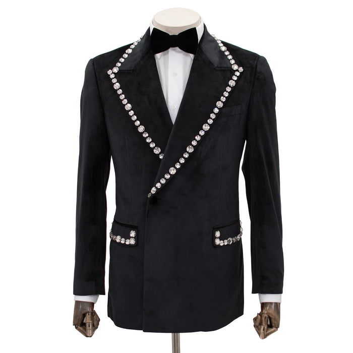 Black Velvet Modern-Fit Tuxedo Jacket with Large Silver Rhinestones