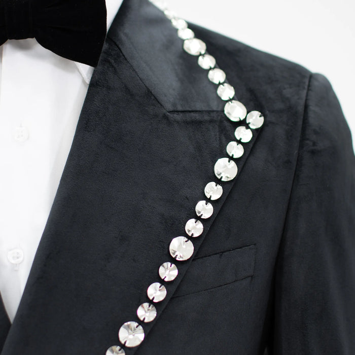 Black Velvet Modern-Fit Tuxedo Jacket with Large Silver Rhinestones