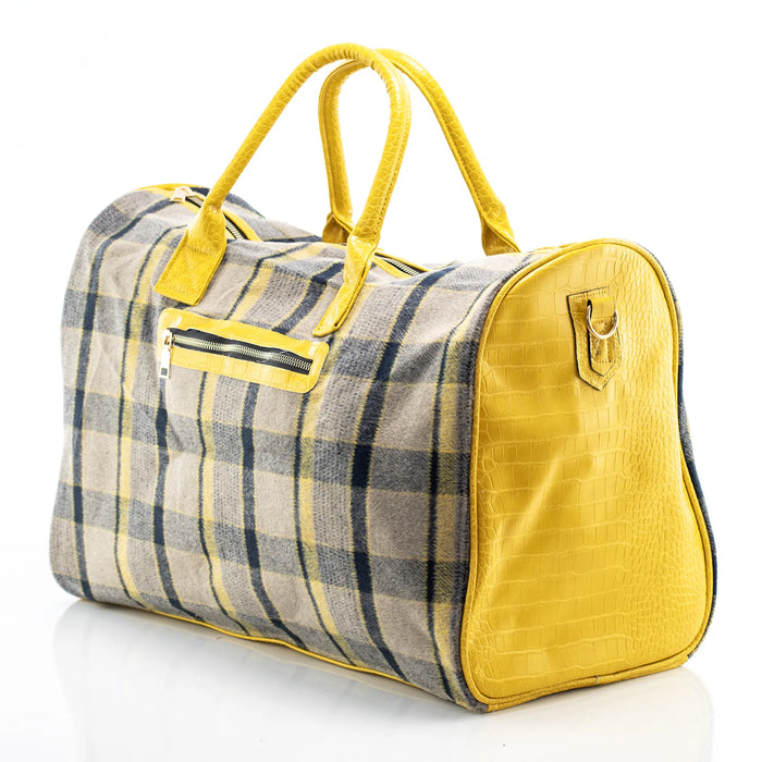 Gray Plaid and Yellow Leather Travel Bag