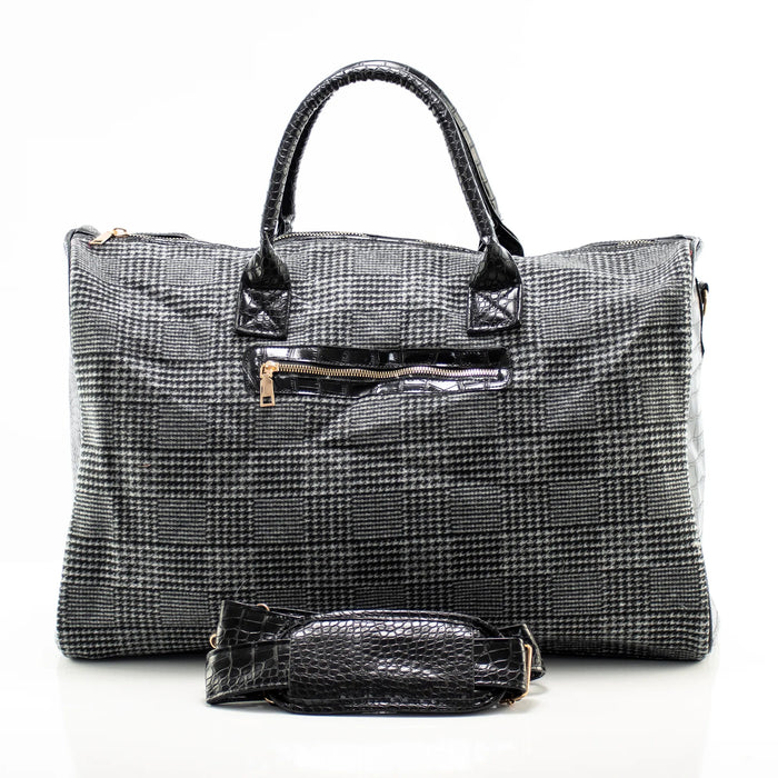 Black Houndstooth Leather Travel Bag