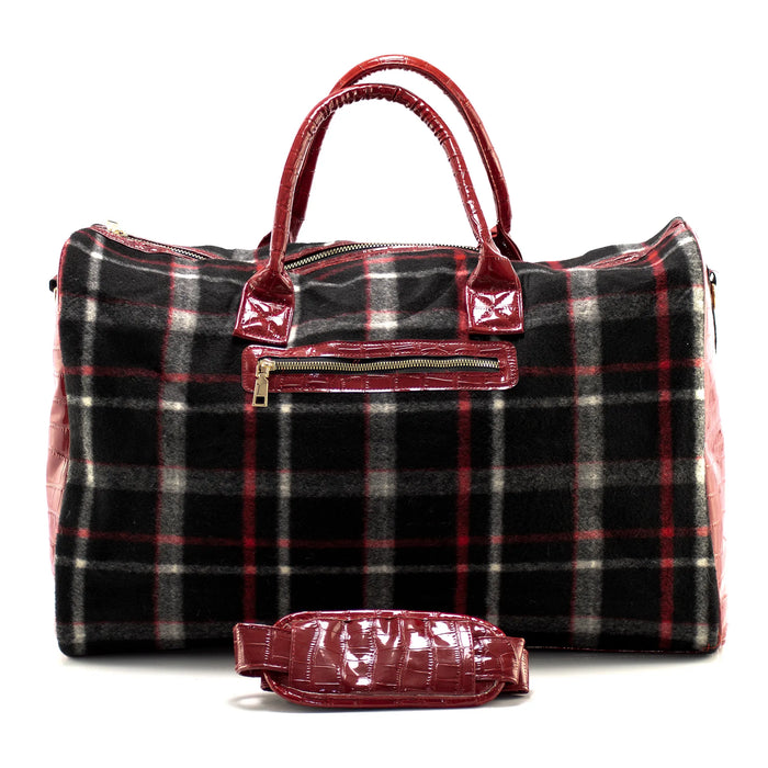 Black Plaid and Red Leather Travel Bag