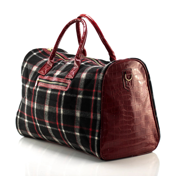 Black Plaid and Red Leather Travel Bag