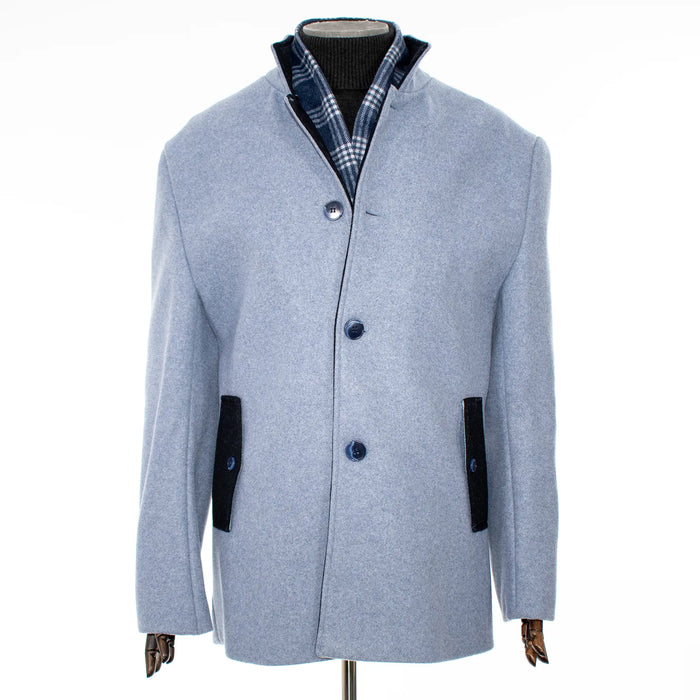 Blue Fleece Overcoat with Plaid Lining
