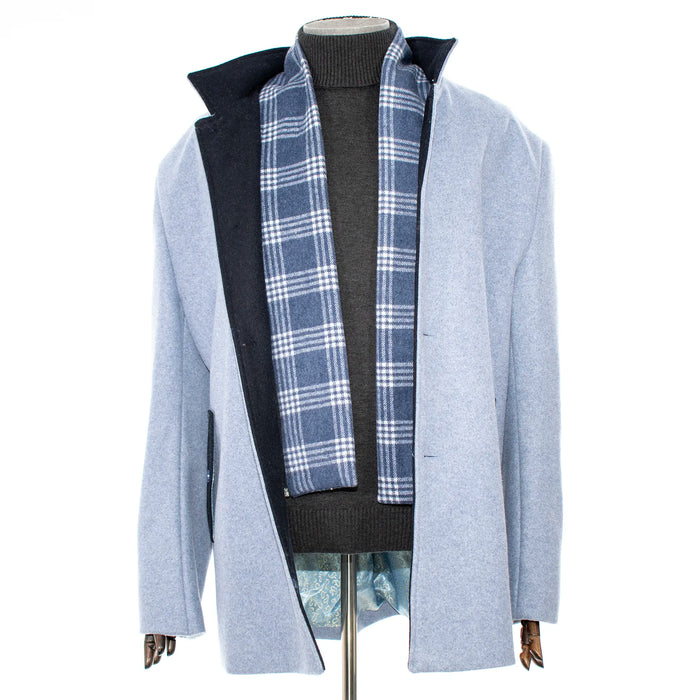Blue Fleece Overcoat with Plaid Lining