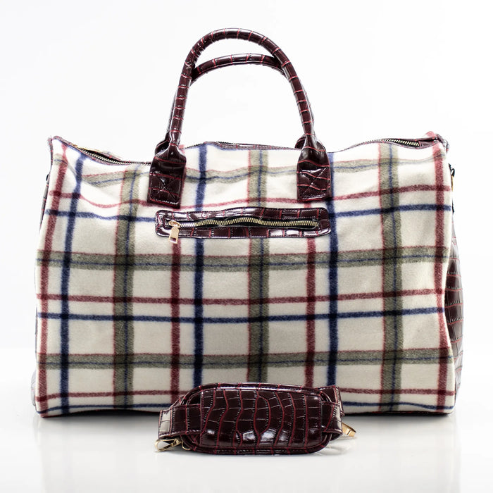 White and Burgundy Plaid and Burgundy Leather Travel Bag