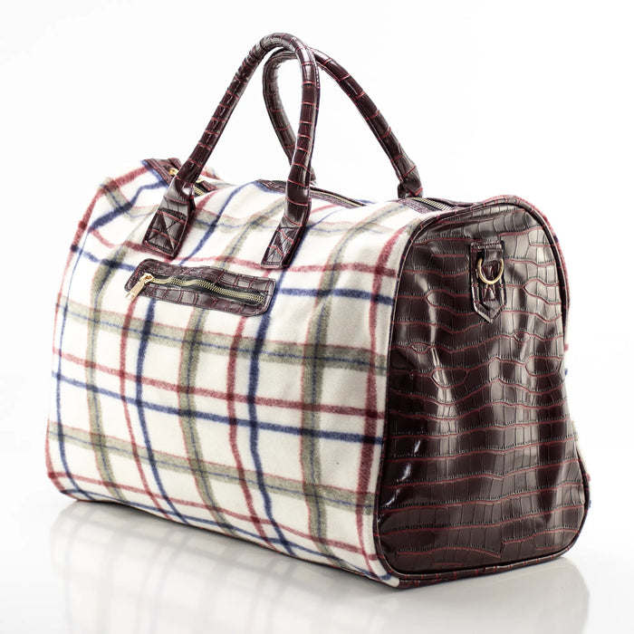 White and Burgundy Plaid and Burgundy Leather Travel Bag