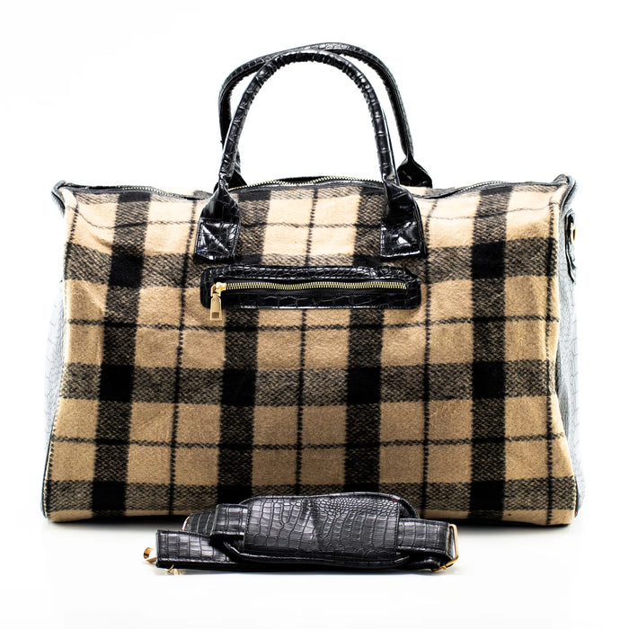 Khaki Plaid and Black Leather Travel Bag