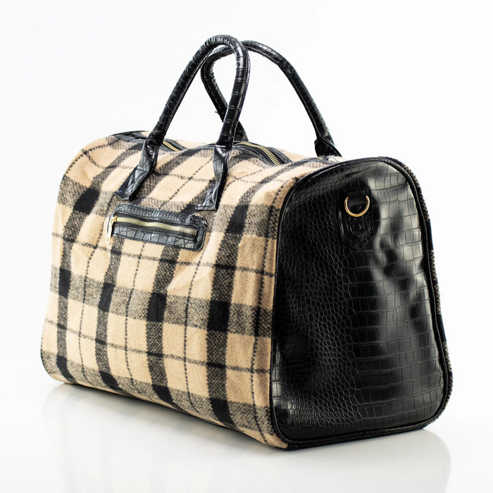 Khaki Plaid and Black Leather Travel Bag