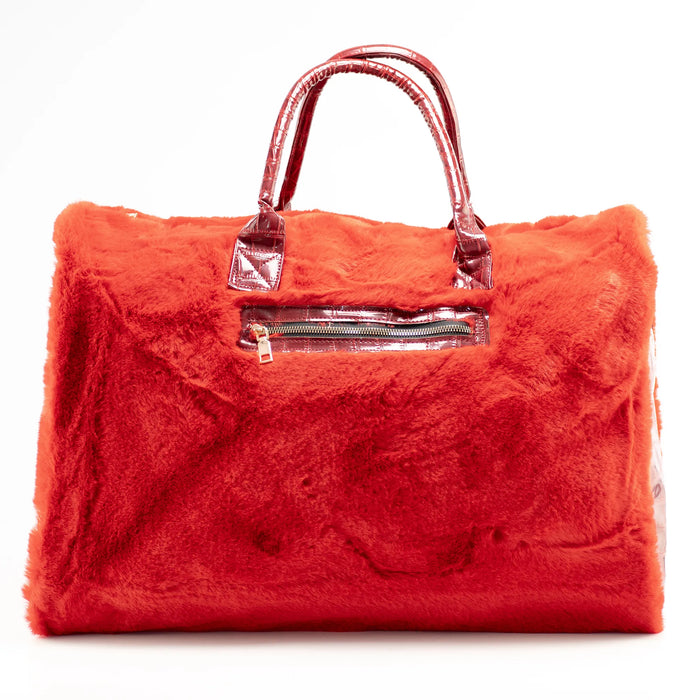 Red Fur and Red Leather Travel Bag