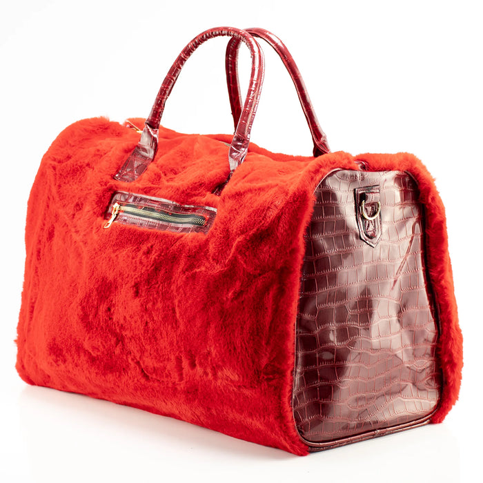 Red Fur and Red Leather Travel Bag