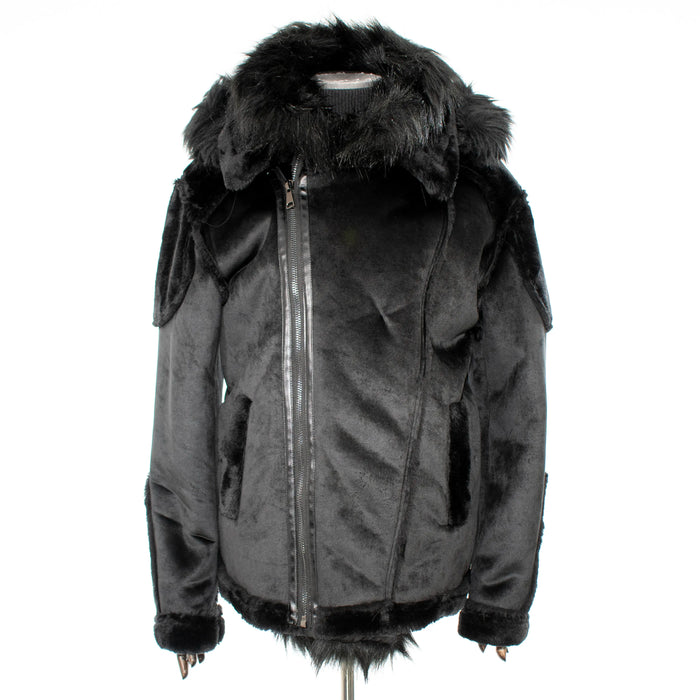 Black Suede Hooded Overcoat With Fur Collar