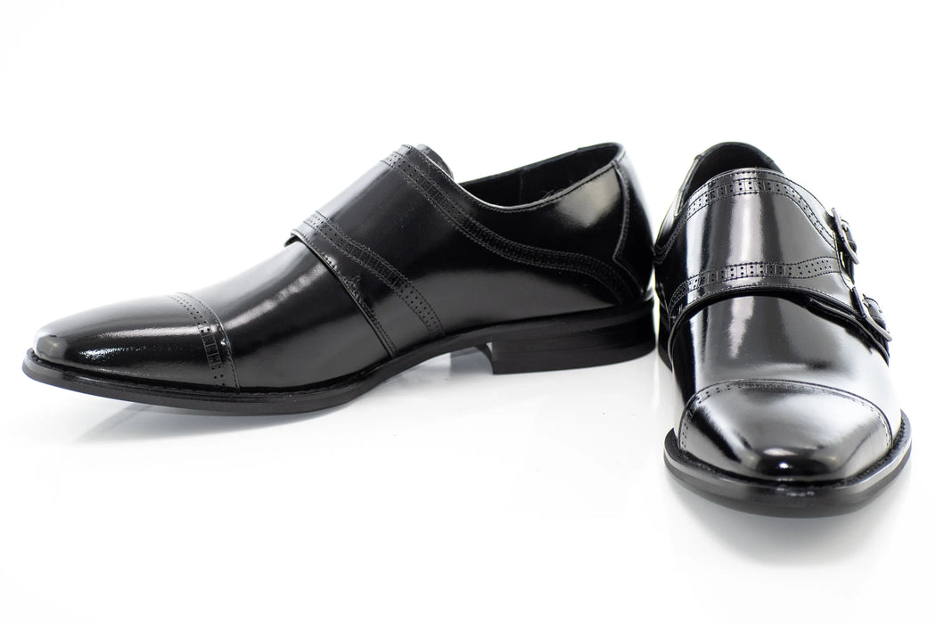 Black Leather Double Monk Strap Cap-Toe